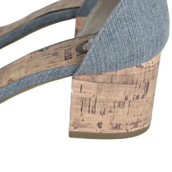 G By Guess Frayed  Denim Sandal Heel Chunky Cork Heel Open Toe Size 8.5 - Picture 3 of 16